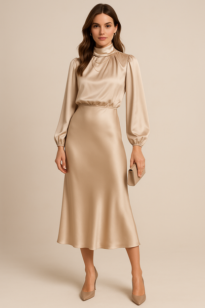 Women's Elegant Satin High Neck Midi Dress With Long Sleeves