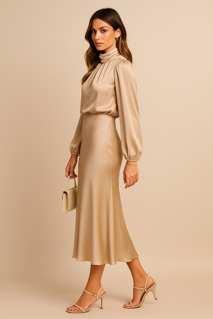 Women's Elegant Satin High Neck Midi Dress With Long Sleeves
