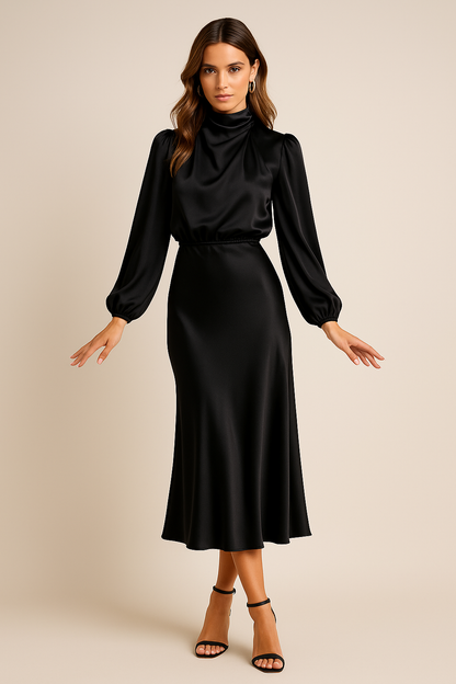 Women's Elegant Satin High Neck Midi Dress With Long Sleeves
