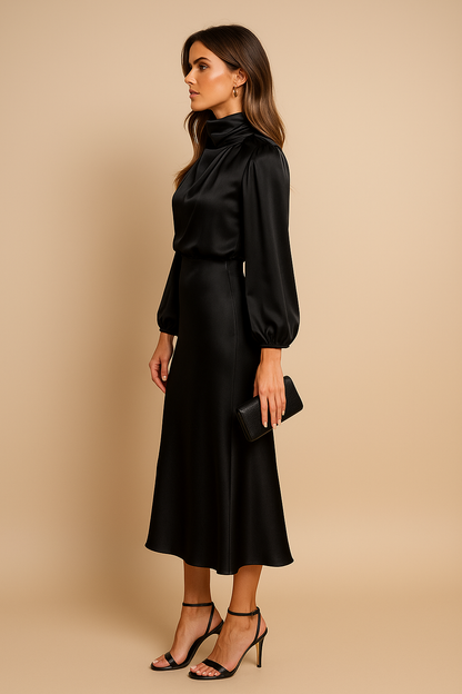 Women's Elegant Satin High Neck Midi Dress With Long Sleeves