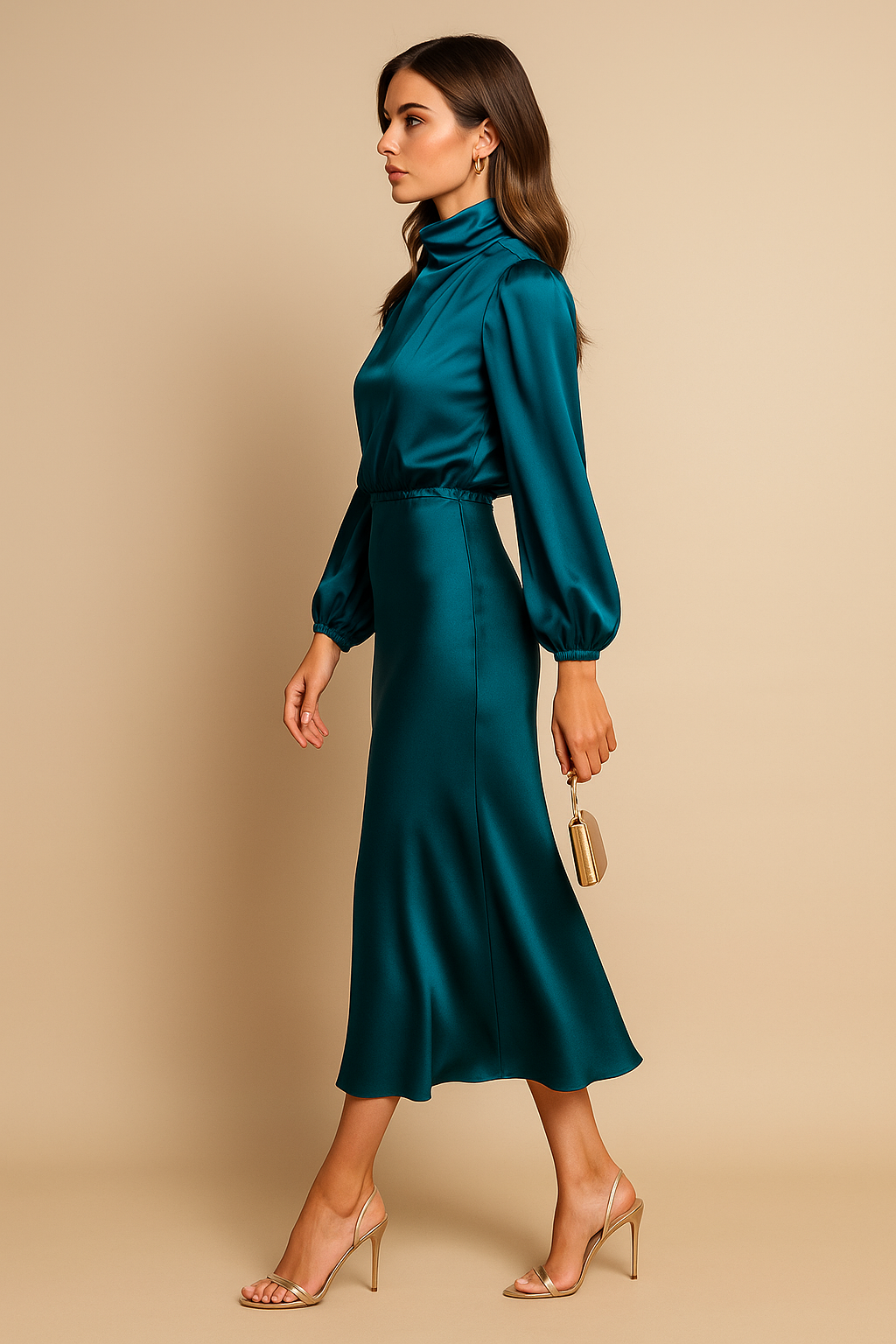 Women's Elegant Satin High Neck Midi Dress With Long Sleeves