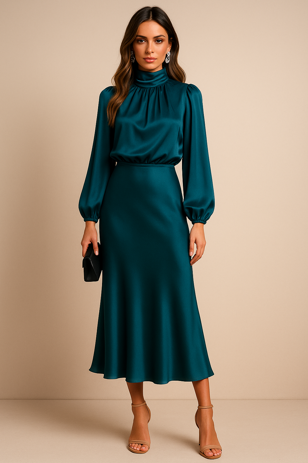 Women's Elegant Satin High Neck Midi Dress With Long Sleeves