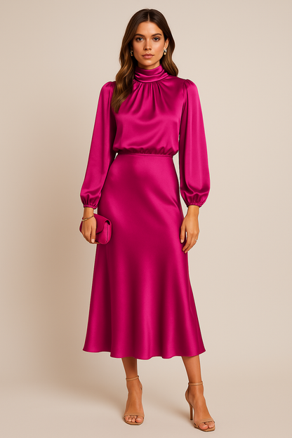 Women's Elegant Satin High Neck Midi Dress With Long Sleeves