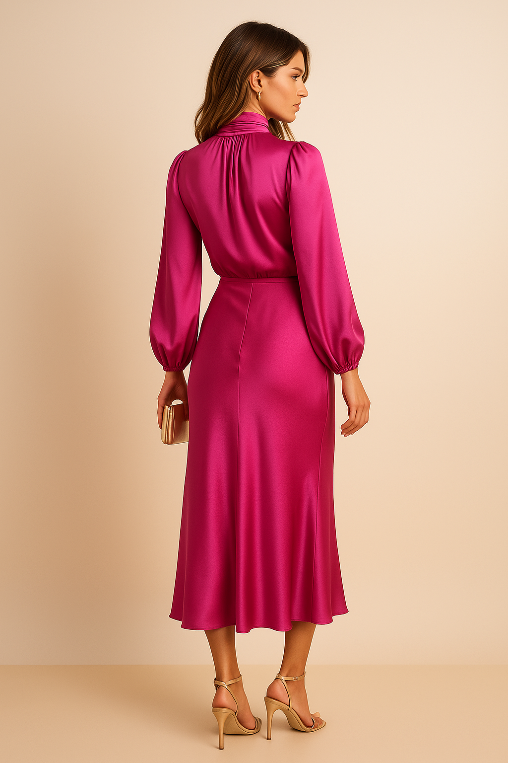 Women's Elegant Satin High Neck Midi Dress With Long Sleeves