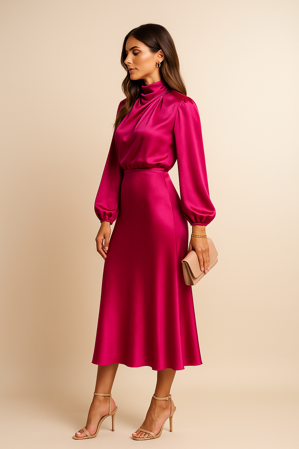 Women's Elegant Satin High Neck Midi Dress With Long Sleeves