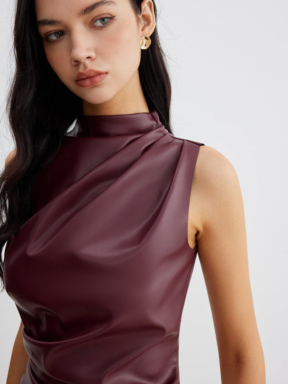 Women's Summer Faux Leather Sleeveless Chic High Neck Blouse Top