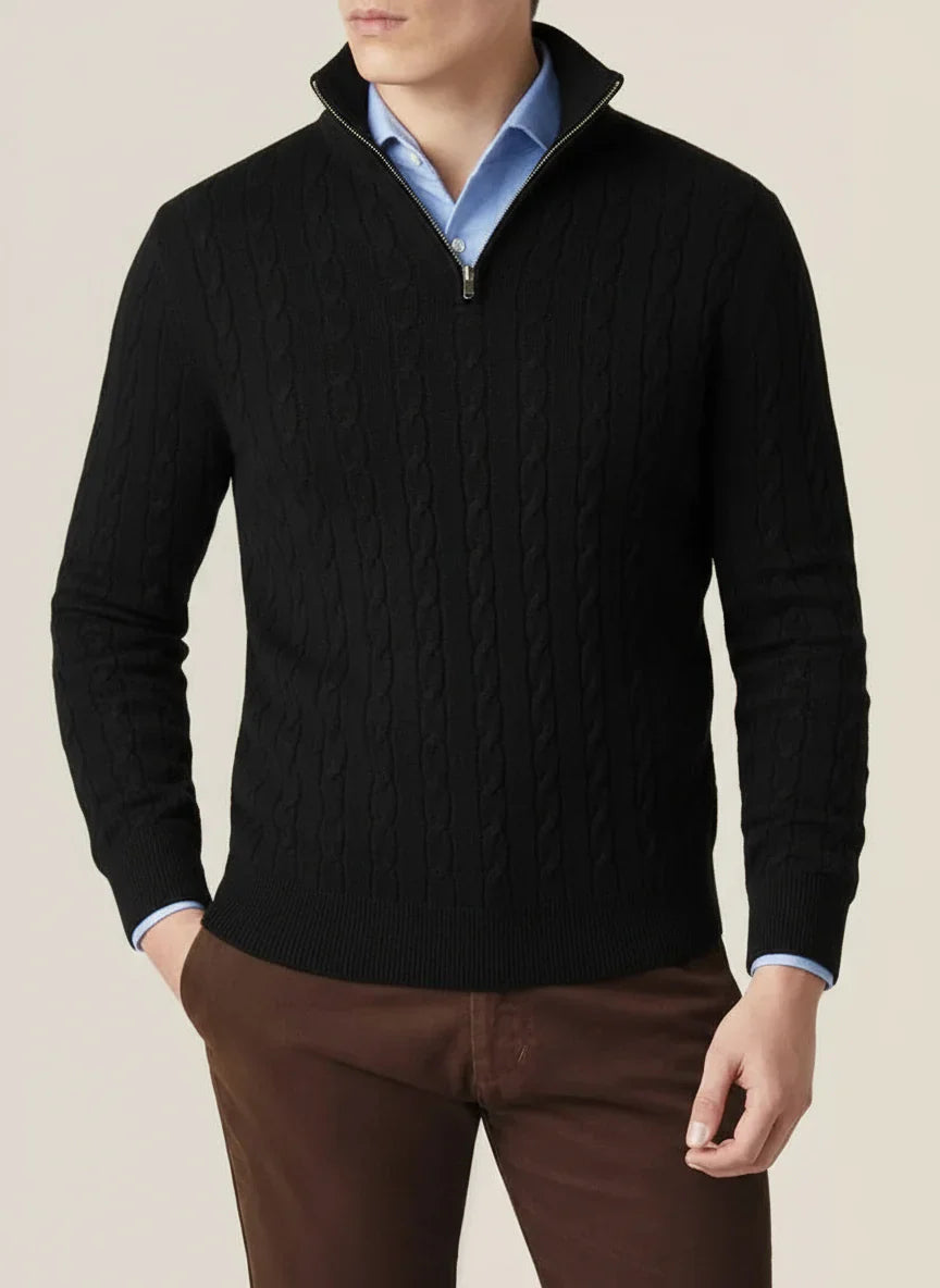 Men's Solid Spring Cable Knit Half Zip Smart Casual Sweater