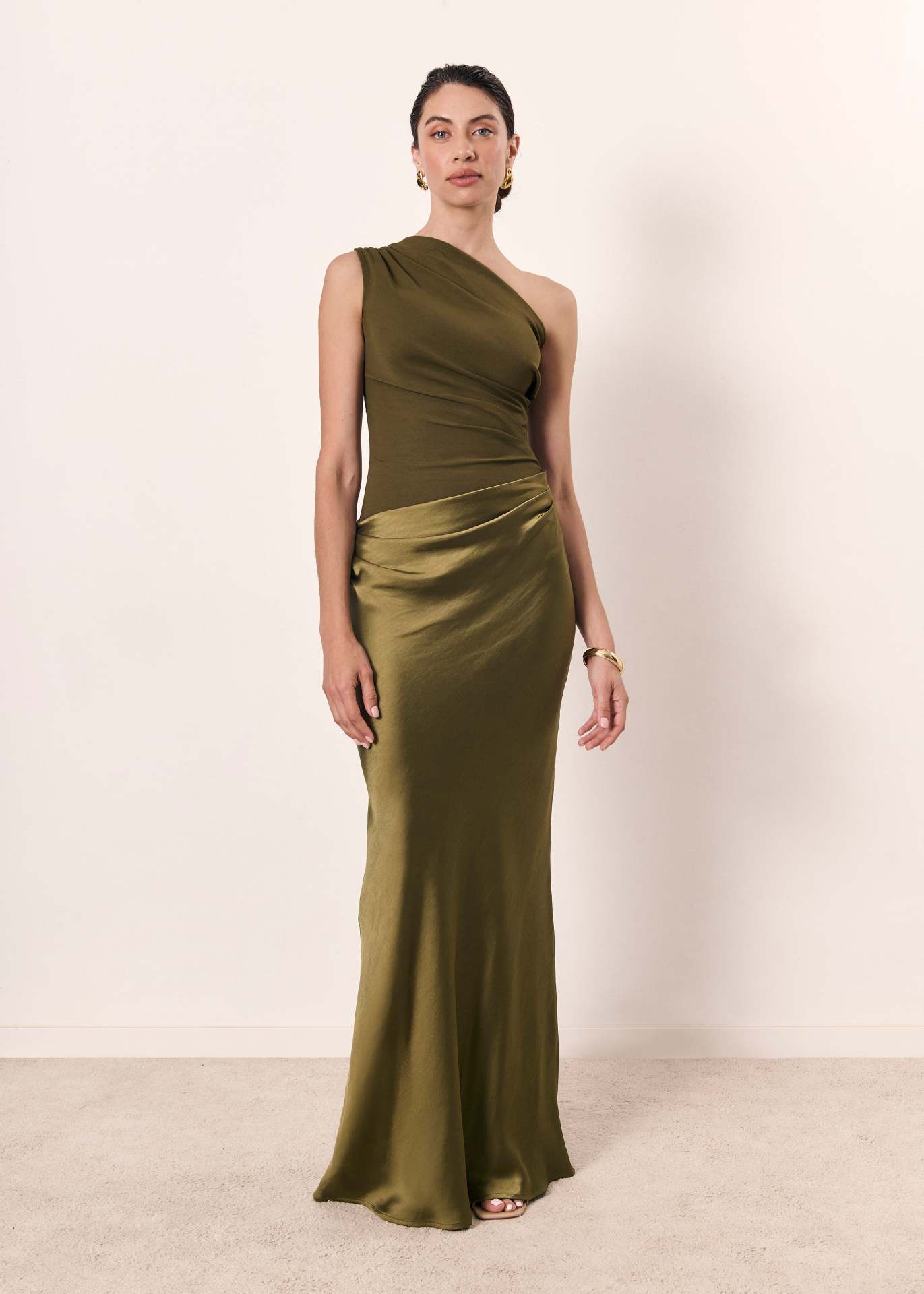 Women's Elegant One Shoulder Satin Maxi Dress With Draped Waist