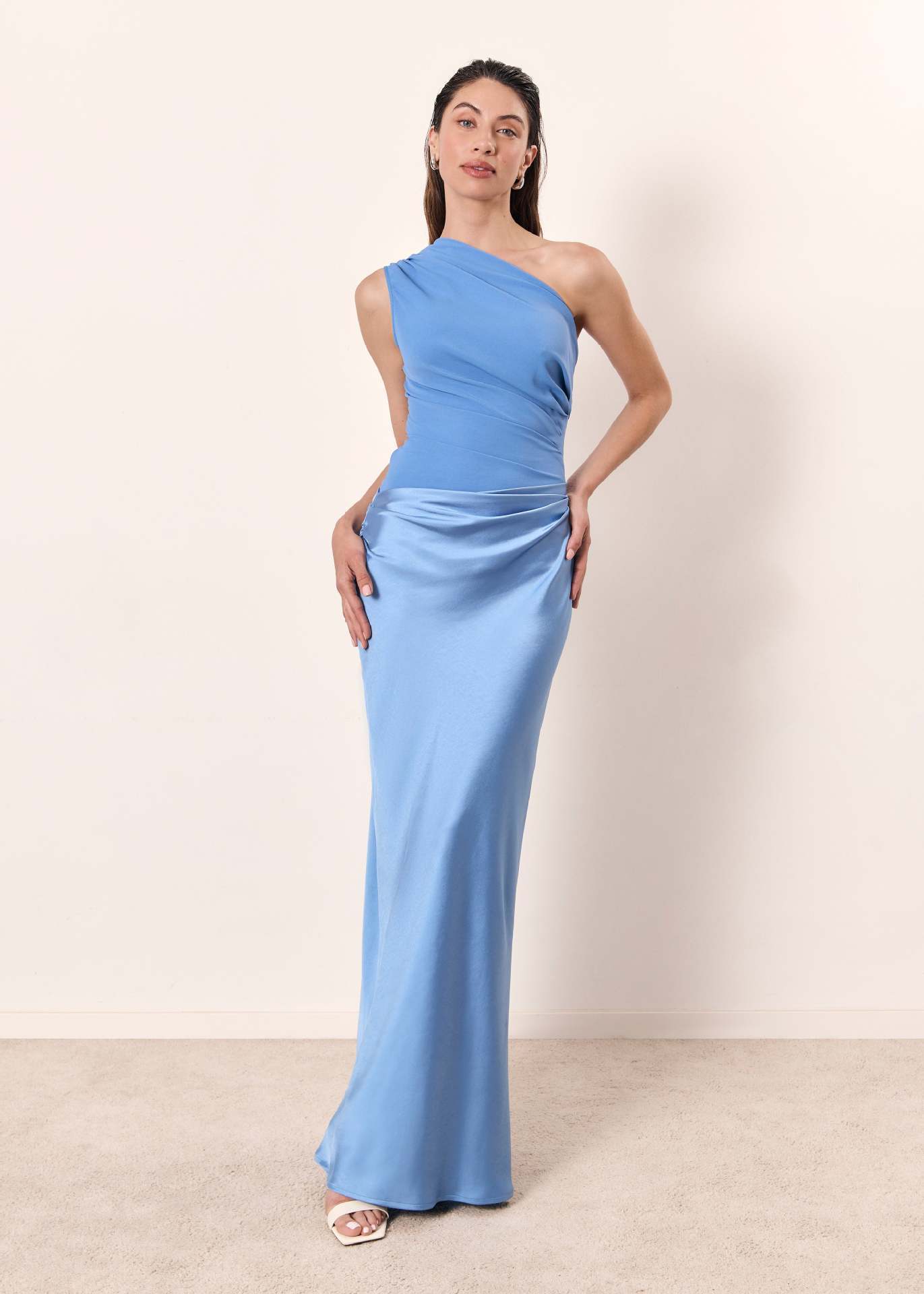 Women's Elegant One Shoulder Satin Maxi Dress With Draped Waist