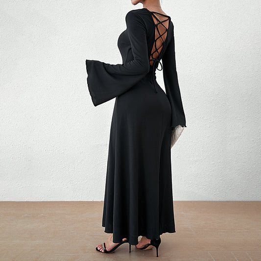 Women's Solid Full Sleeve Long Evening Dress Elegant A Line