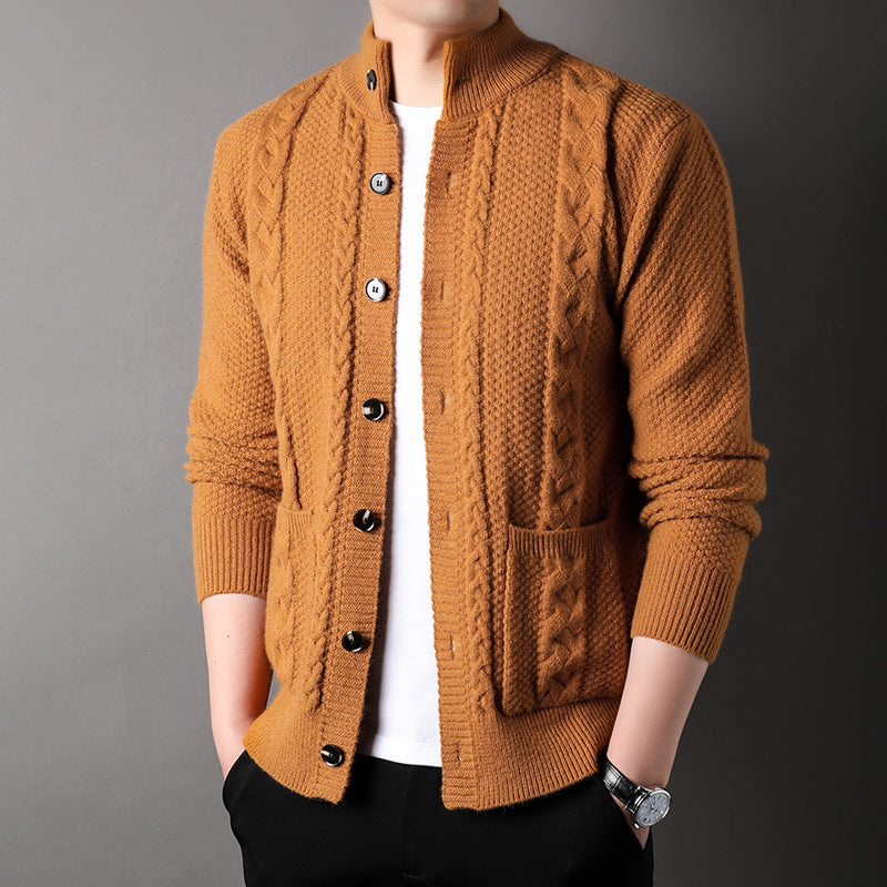 Mens Thick Knit Cardigan Retro Jacquard Loose-fitting Sweater