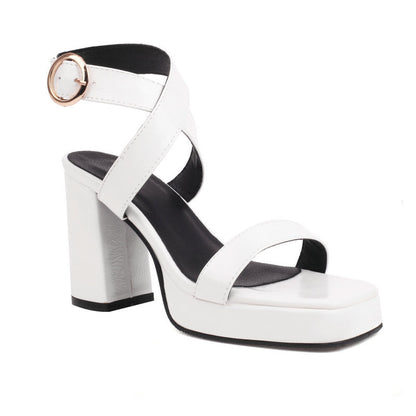 Womens Square Toe Cross Buckle Chunky Heel Summer Sandals