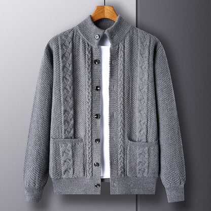 Mens Thick Knit Cardigan Retro Jacquard Loose-fitting Sweater