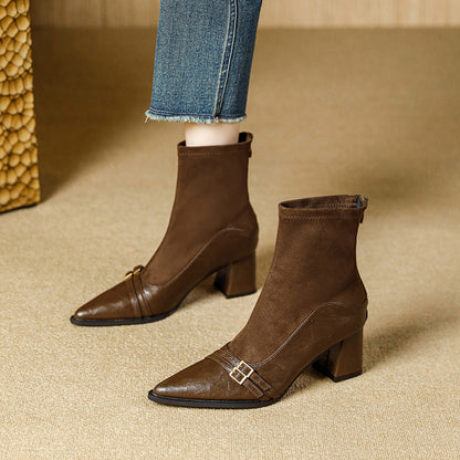 Women's Chunky Heel Autumn And Winter Stitching Stretch Pointed Toe High Heel Boots