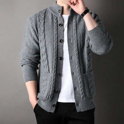 Mens Thick Knit Cardigan Retro Jacquard Loose-fitting Sweater