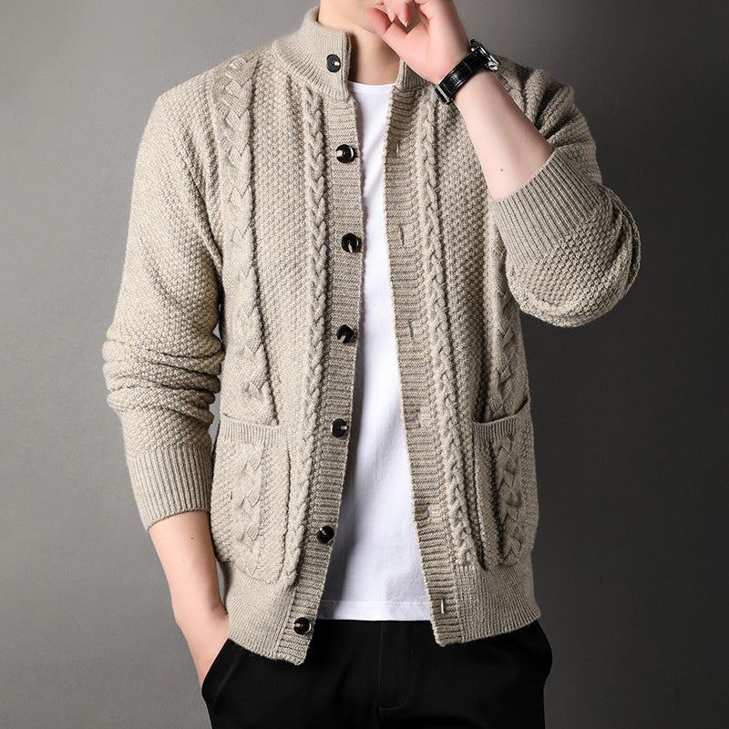 Mens Thick Knit Cardigan Retro Jacquard Loose-fitting Sweater