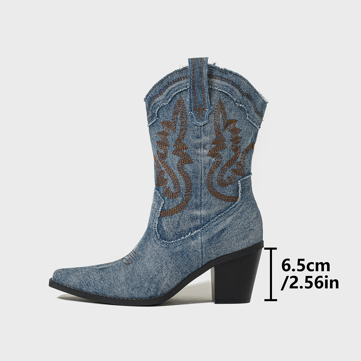 Womens Chunky Heel Denim Boots | Stiched High embroidered Vintage Shoes