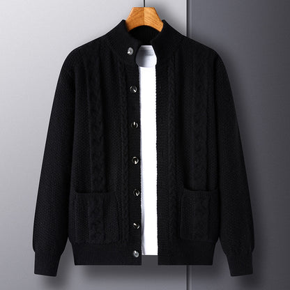 Mens Thick Knit Cardigan Retro Jacquard Loose-fitting Sweater