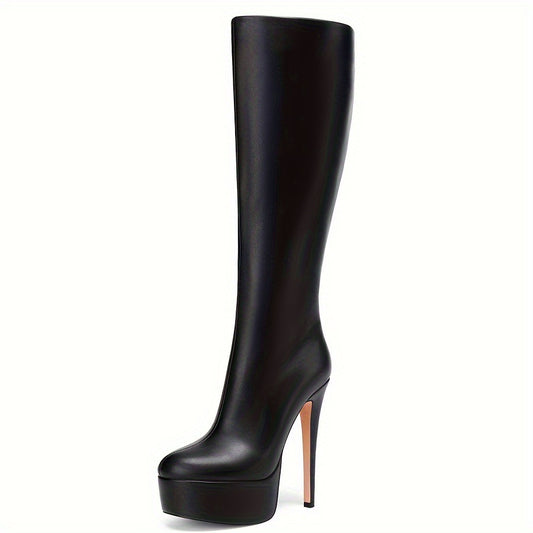 Womens High Tube Stiletto Heel Thick Bottom Boots | Stylish Leather & Zipper