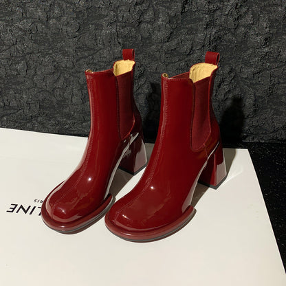 Womens Glossy Chimney Boots | Thick Heels And Patent Leather Short Boots