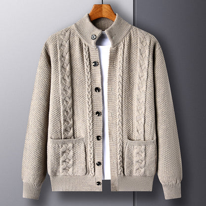 Mens Thick Knit Cardigan Retro Jacquard Loose-fitting Sweater