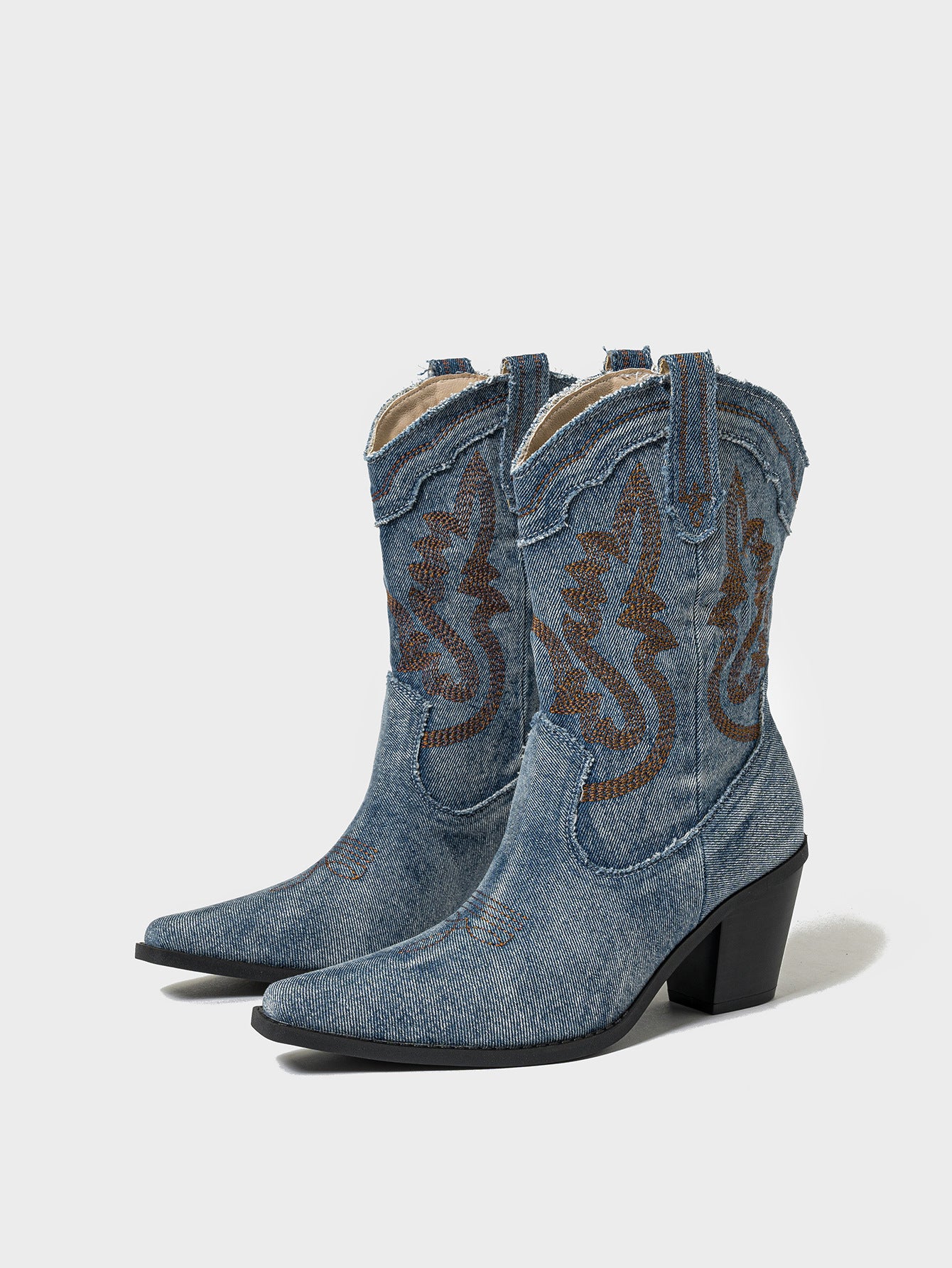 Womens Chunky Heel Denim Boots | Stiched High embroidered Vintage Shoes