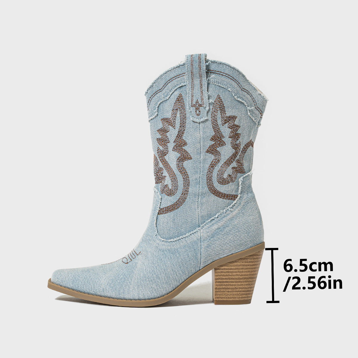 Womens Chunky Heel Denim Boots | Stiched High embroidered Vintage Shoes