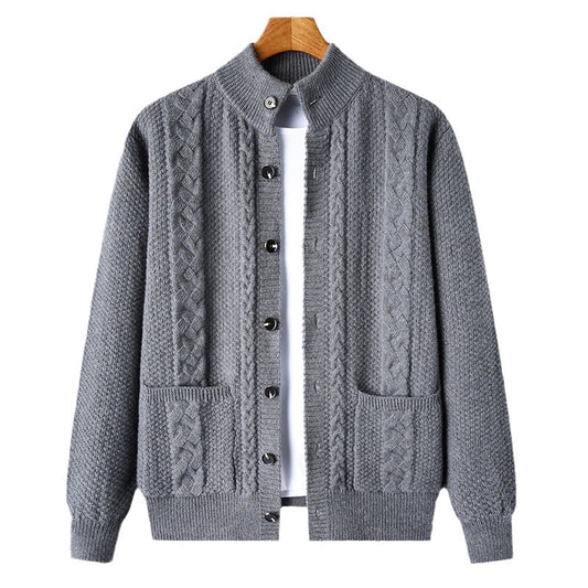 Mens Thick Knit Cardigan Retro Jacquard Loose-fitting Sweater