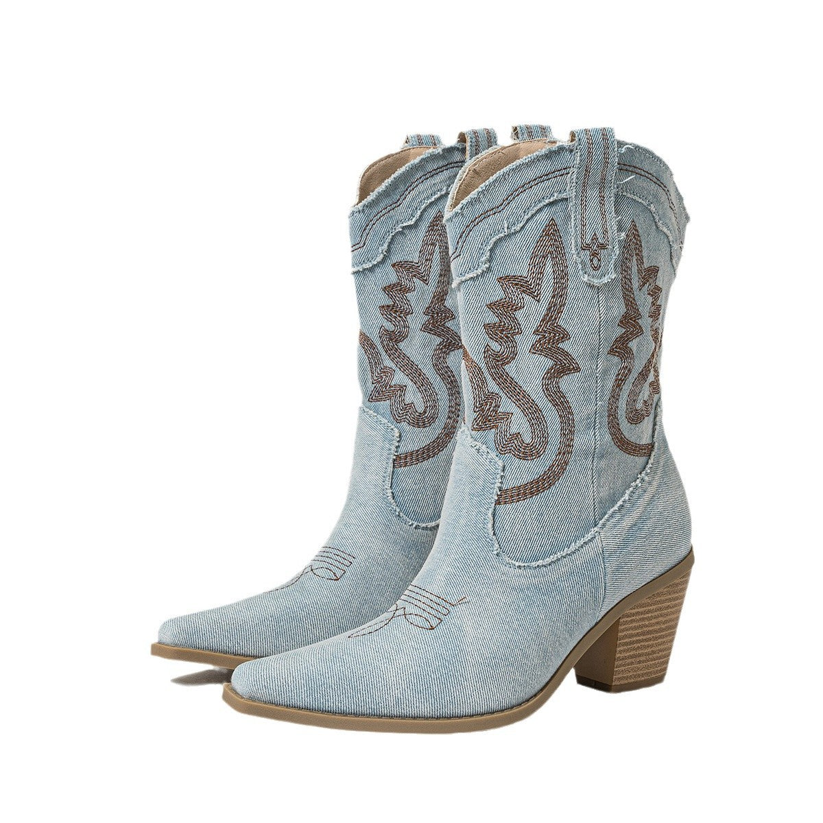 Womens Chunky Heel Denim Boots | Stiched High embroidered Vintage Shoes