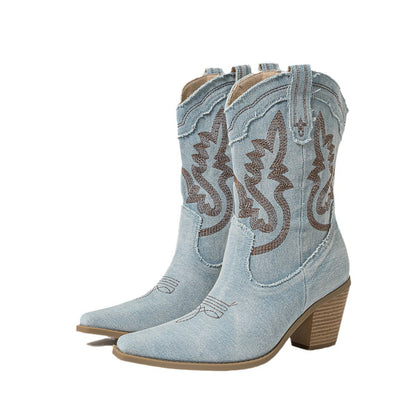 Womens Chunky Heel Denim Boots | Stiched High embroidered Vintage Shoes
