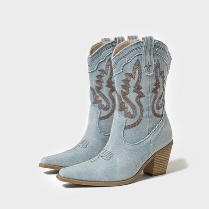 Womens Chunky Heel Denim Boots | Stiched High embroidered Vintage Shoes