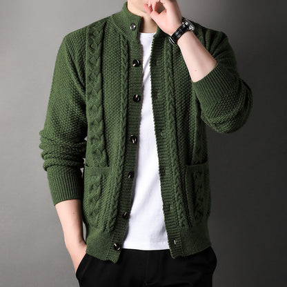 Mens Thick Knit Cardigan Retro Jacquard Loose-fitting Sweater