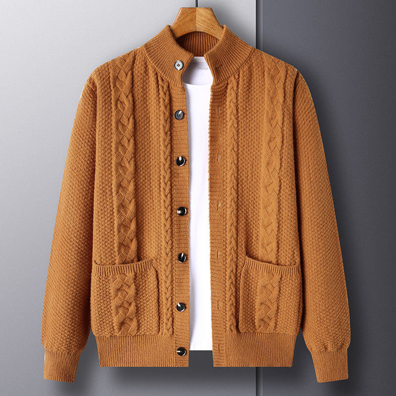 Mens Thick Knit Cardigan Retro Jacquard Loose-fitting Sweater