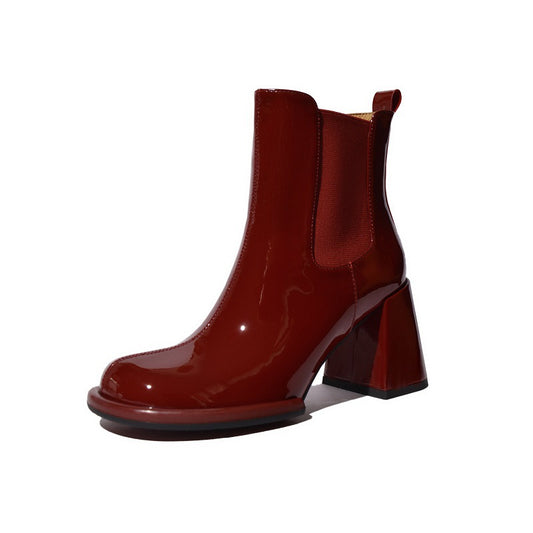 Womens Glossy Chimney Boots | Thick Heels And Patent Leather Short Boots