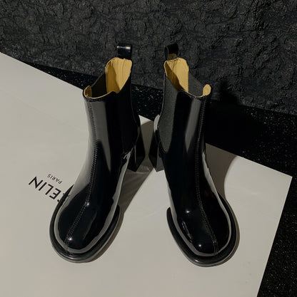 Womens Glossy Chimney Boots | Thick Heels And Patent Leather Short Boots