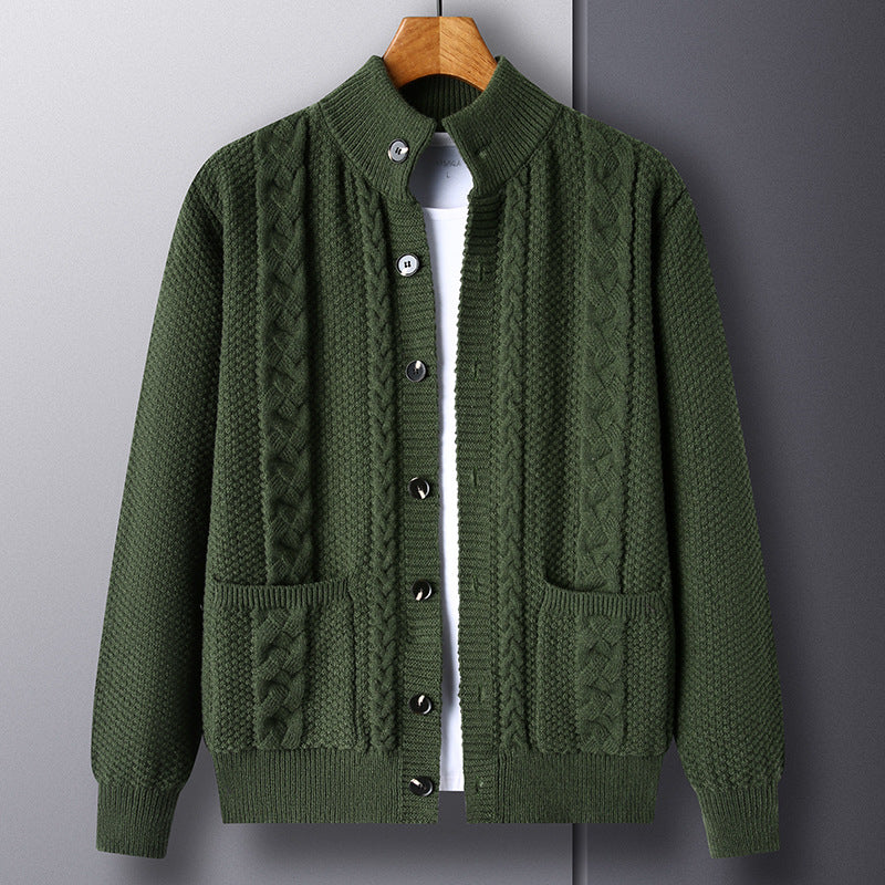 Mens Thick Knit Cardigan Retro Jacquard Loose-fitting Sweater