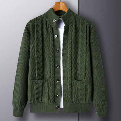 Mens Thick Knit Cardigan Retro Jacquard Loose-fitting Sweater