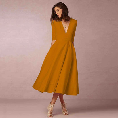 Women's Elegant Solid V-Neck Flowing Flared Midi Dress