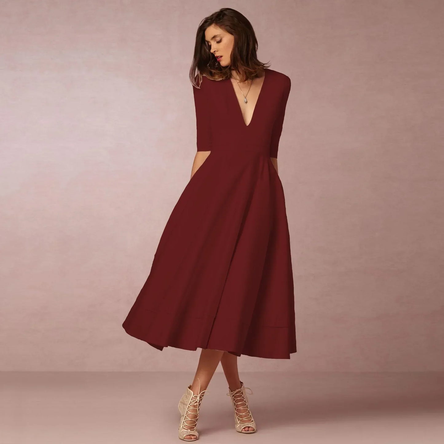 Women's Elegant Solid V-Neck Flowing Flared Midi Dress