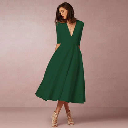 Women's Elegant Solid V-Neck Flowing Flared Midi Dress