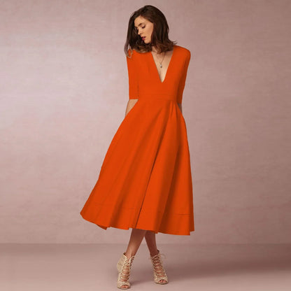 Women's Elegant Solid V-Neck Flowing Flared Midi Dress