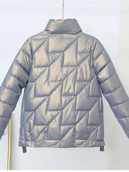 Womens Glossy Padded Down Cotton Jacket | Stand Collar Casual Warm Parka