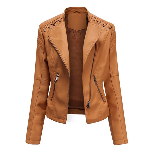 Womens Lapel Biker Washed PU Leather Jacket
