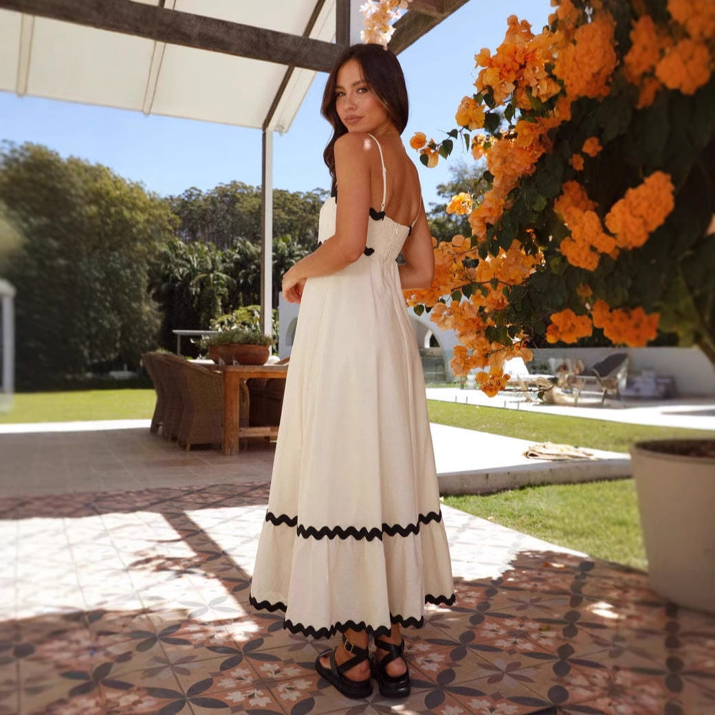 Women's Contrast Trim Strappy Maxi Dress Spaghetti Straps Summer Occasion
