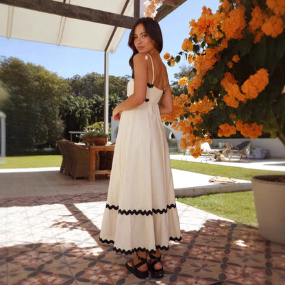 Women's Contrast Trim Strappy Maxi Dress Spaghetti Straps Summer Occasion