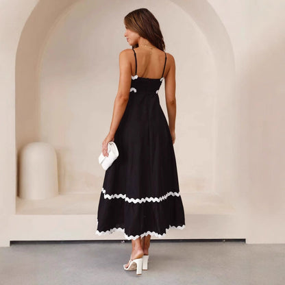 Women's Contrast Trim Strappy Maxi Dress Spaghetti Straps Summer Occasion