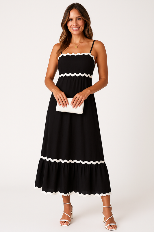 Women's Contrast Trim Strappy Maxi Dress Spaghetti Straps Summer Occasion