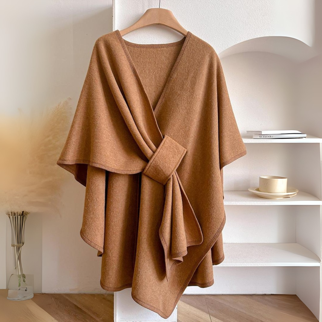 Women's Premium Drape Wrap Belted Poncho Cape Elegant Layering
