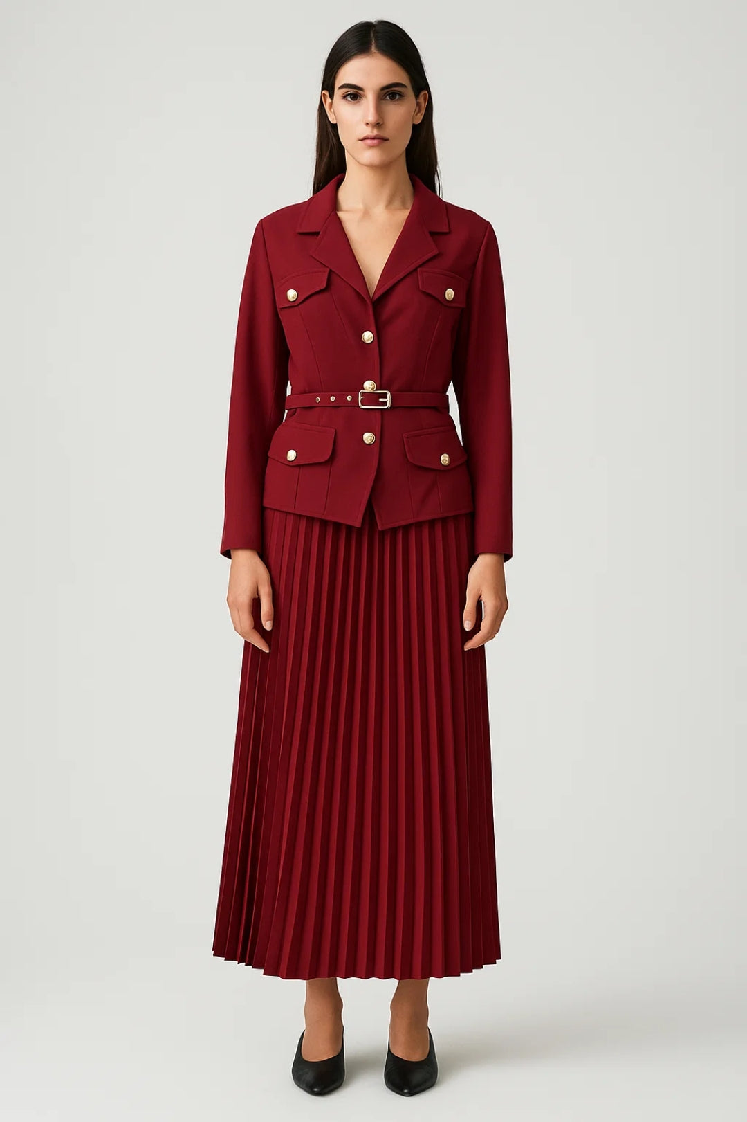 Women's Tailored Double-Breasted Blazer And Pleated Midi Skirt Set