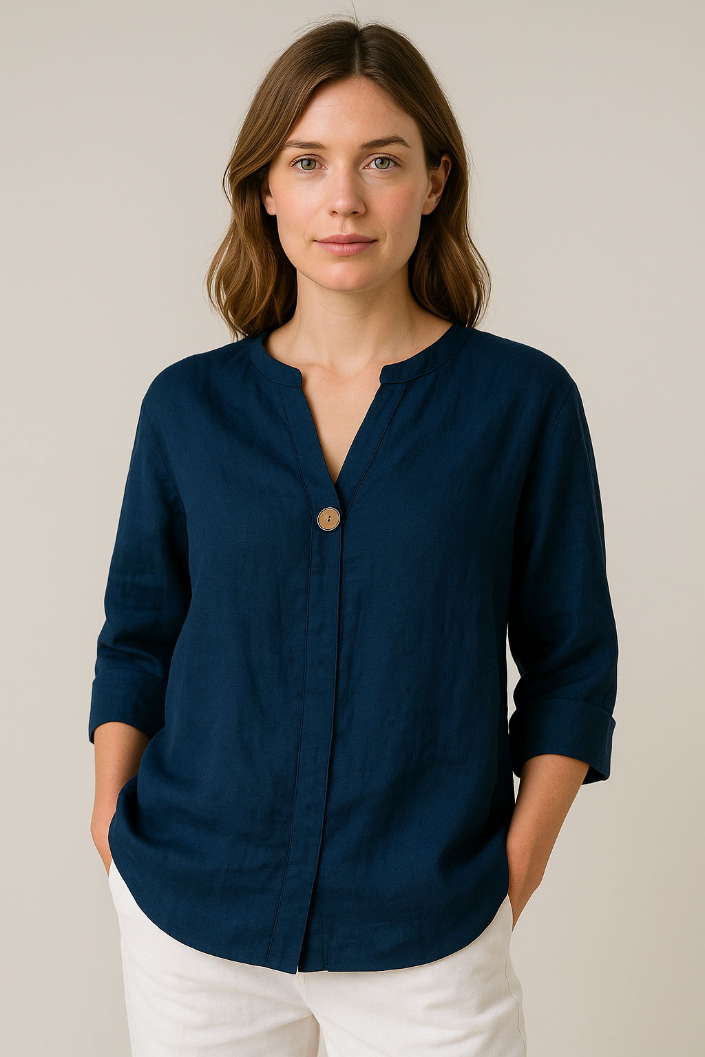 Women's Relaxed V Neck Button Detail Relaxed Blouse Shirt